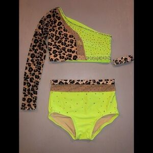 Neon Lime Leopard Girls Dance Costume Set with Rhinestones